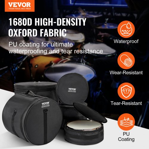 5Piece Drum Bag Kit Durable 1680D Oxford Material Cushioned Cases with 15m