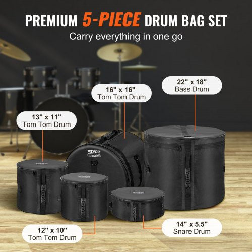 5Piece Drum Bag Kit Durable 1680D Oxford Material Cushioned Cases with 15m