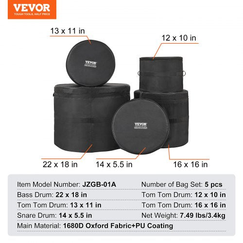 5Piece Drum Bag Kit Durable 1680D Oxford Material Cushioned Cases with 15m