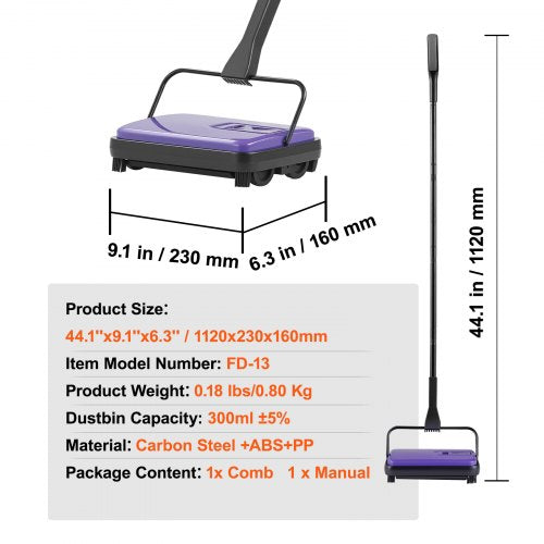 Carpet Sweeper Manual Floor Sweeper with 300 ml Dustbin Capacity Easy to Empty