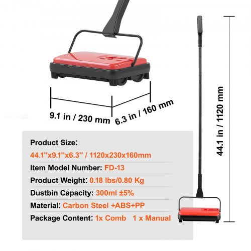 Carpet Sweeper Manual Floor Sweeper with 300 ml Dustbin Capacity Easy to Empty