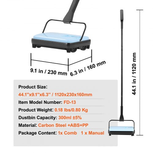 Carpet Sweeper Manual Floor Sweeper with 300 ml Dustbin Capacity Easy to Empty