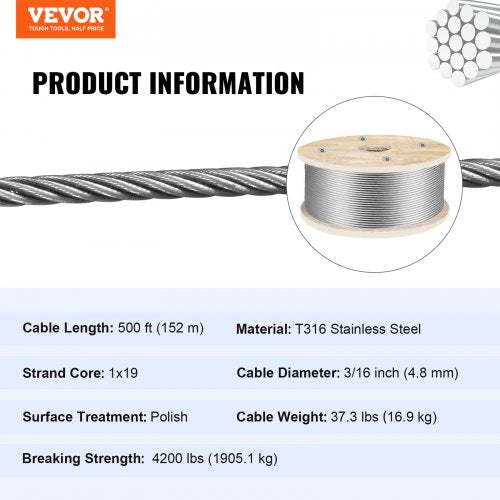 316 Stainless Steel Wire Rope 500ft Length Steel Wire Cable 316 Inch