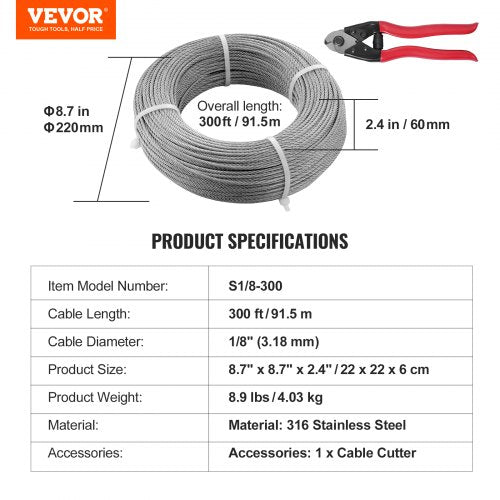 T316 Deck Railing Cable 18 Stainless Steel Wire Rope 300 ft with Cutter
