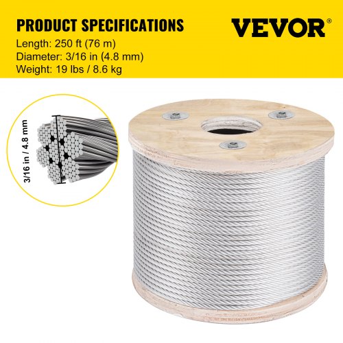 304 Stainless Steel Wire Rope Cable 316 7x19 250 ft reel