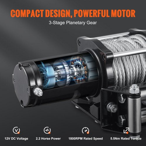 Electric Winch 12V 4500 lb Load Capacity Steel Rope Winch IP55 14” x 39ft