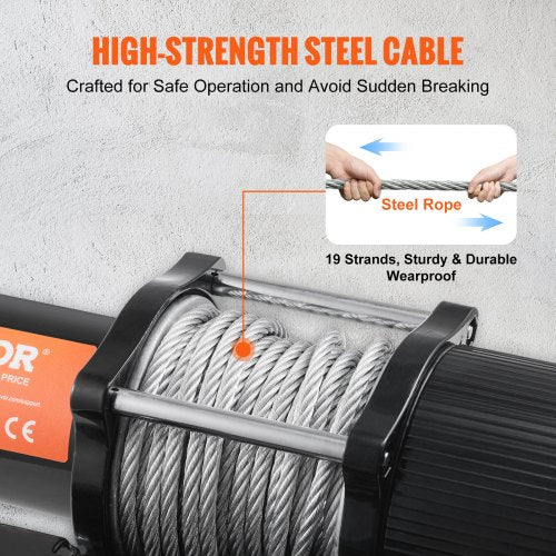 Electric Winch 12V 4500 lb Load Capacity Steel Rope Winch IP55 14” x 39ft