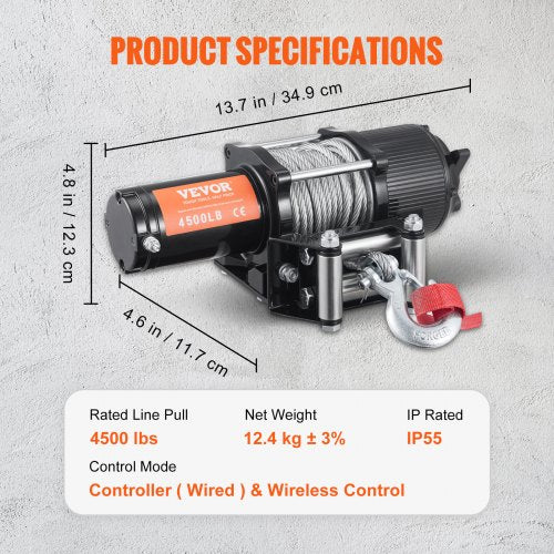 Electric Winch 12V 4500 lb Load Capacity Steel Rope Winch IP55 14” x 39ft