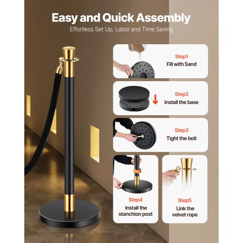 Stanchions and Velvet Ropes 6 Pcs Crowd Control Barriers with 4 Black