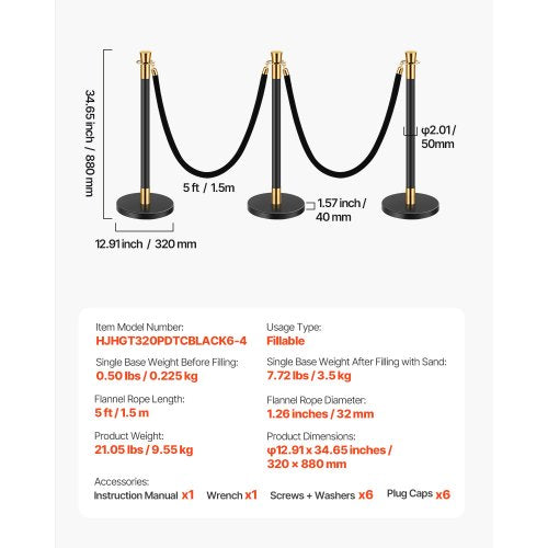 Stanchions and Velvet Ropes 6 Pcs Crowd Control Barriers with 4 Black