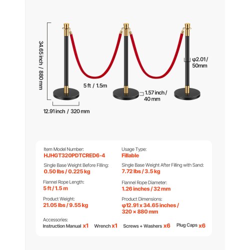 Stanchions and Velvet Ropes 6 Pcs Crowd Control Barriers with 4 Red Velvet