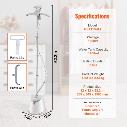 Standing Steamer with Foldable Garment Hanger 0.5Gallon Water Tank for 90