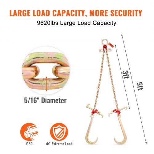 VChain Bridle 9620 lbs Working Load Limit 516 x 3 G80 Tow Chain with RTJ