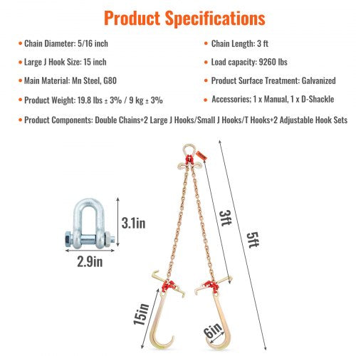 VChain Bridle 9620 lbs Working Load Limit 516 x 3 G80 Tow Chain with RTJ