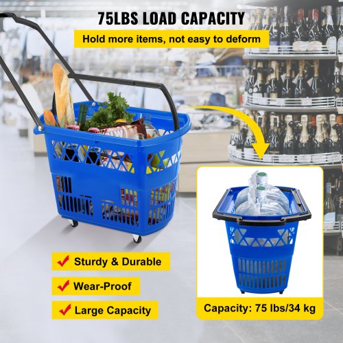 Shopping Basket with Handle on Castors Blue Pack of 6 – 75L