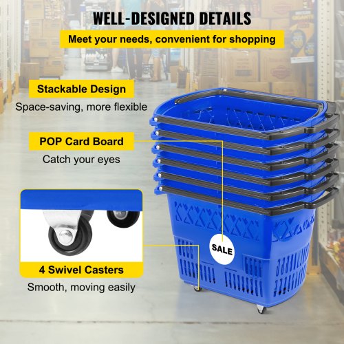 Shopping Basket with Handle on Castors Blue Pack of 6 – 75L