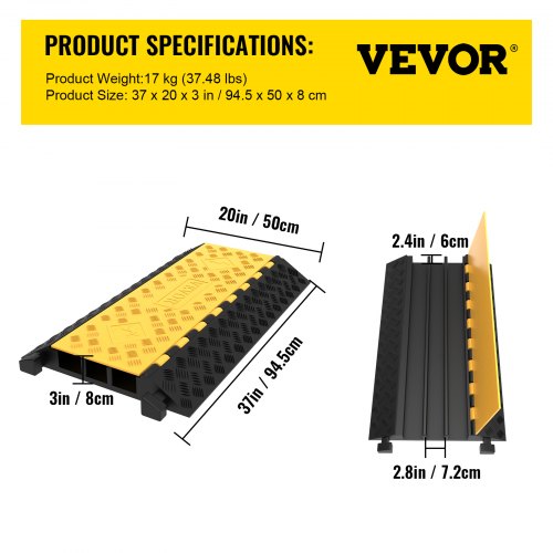 Rubber Cable Guard 3Channel 2 x 2.3 in – Durable Cord Protection Ramp