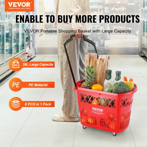 Shopping Baskets 6PCS 39L Shopping Carts with Handles Plastic Rolling