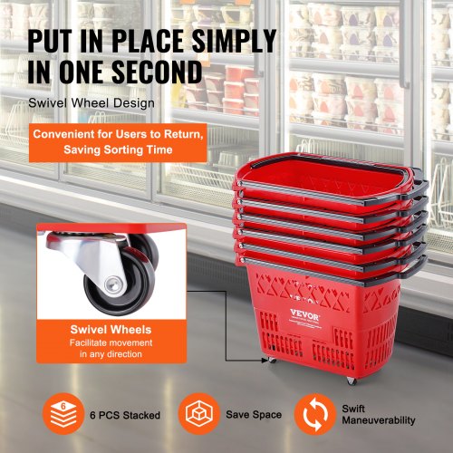 Shopping Baskets 6PCS 39L Shopping Carts with Handles Plastic Rolling