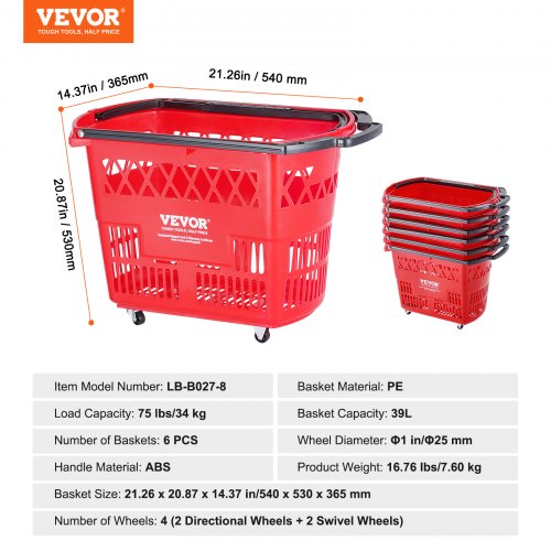 Shopping Baskets 6PCS 39L Shopping Carts with Handles Plastic Rolling