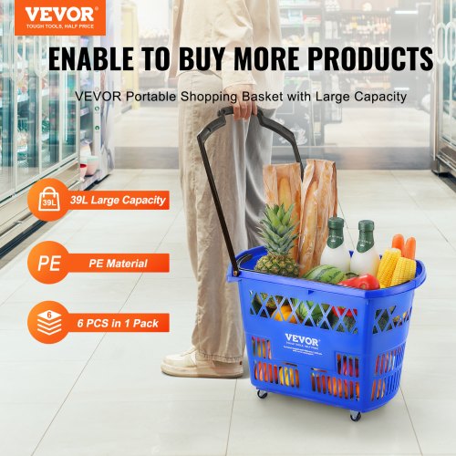 Shopping Baskets 6PCS 39L Shopping Carts with Handles Plastic Rolling