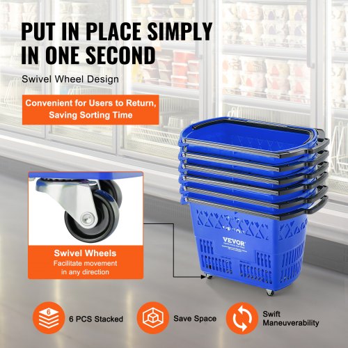 Shopping Baskets 6PCS 39L Shopping Carts with Handles Plastic Rolling