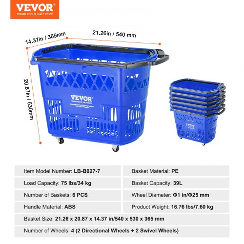 Shopping Baskets 6PCS 39L Shopping Carts with Handles Plastic Rolling