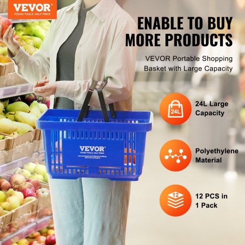 Shopping Basket Set of 12 24L Durable Plastic Grocery Basket with Handle
