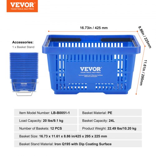 Shopping Basket Set of 12 24L Durable Plastic Grocery Basket with Handle