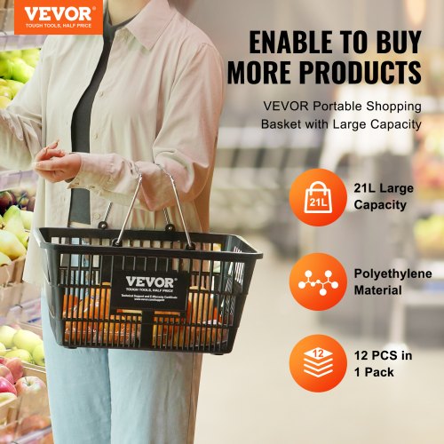 Shopping Basket Set of 12 21L Durable Plastic Grocery Basket with Metal