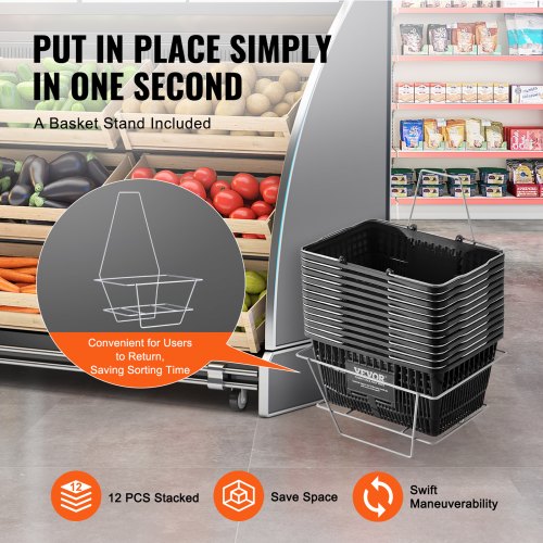 Shopping Basket Set of 12 21L Durable Plastic Grocery Basket with Metal