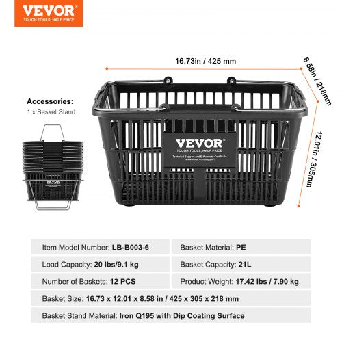 Shopping Basket Set of 12 21L Durable Plastic Grocery Basket with Metal