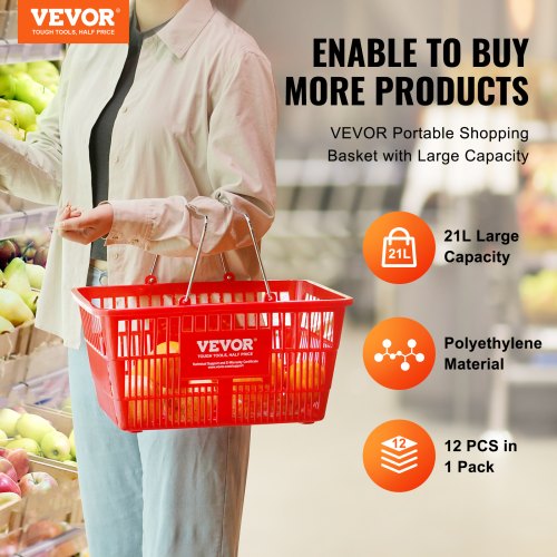 Shopping Basket Set of 12 21L Durable Plastic Grocery Basket with Metal