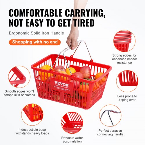 Shopping Basket Set of 12 21L Durable Plastic Grocery Basket with Metal