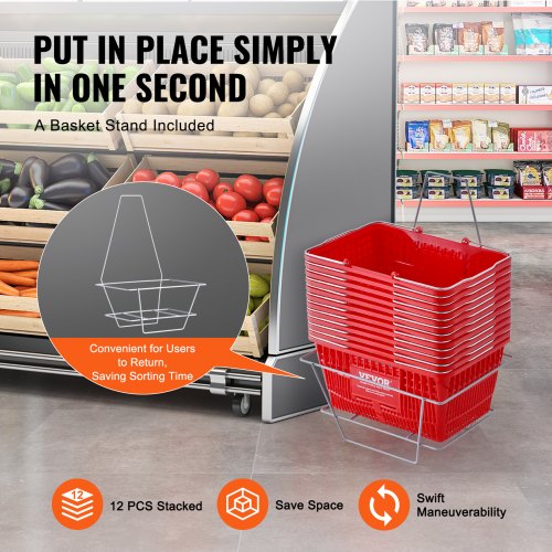 Shopping Basket Set of 12 21L Durable Plastic Grocery Basket with Metal