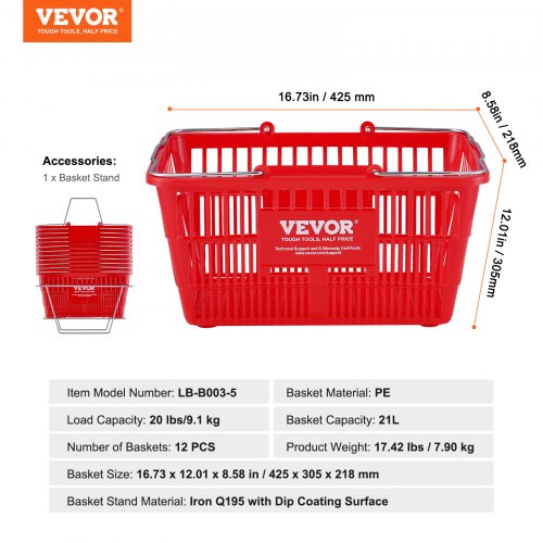 Shopping Basket Set of 12 21L Durable Plastic Grocery Basket with Metal
