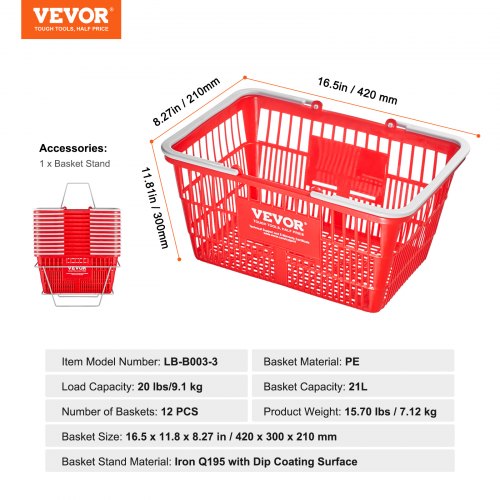 Shopping Basket Set of 12 21L Durable Plastic Grocery Basket with Handle