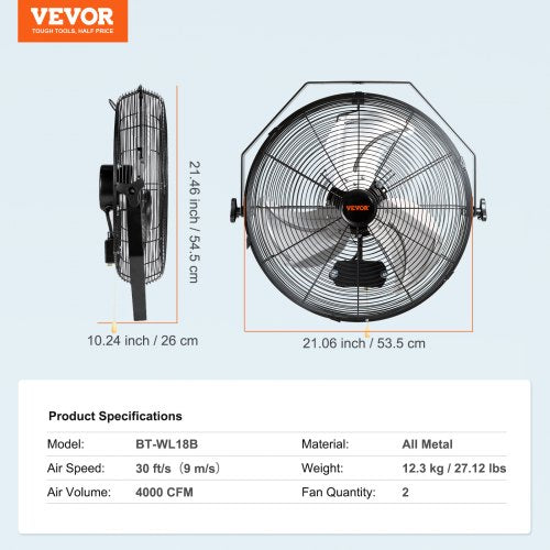 Wall Mount Fan 2 Pcs 18 Inch Waterproof 3Speed High Velocity Max 4000 Cfm