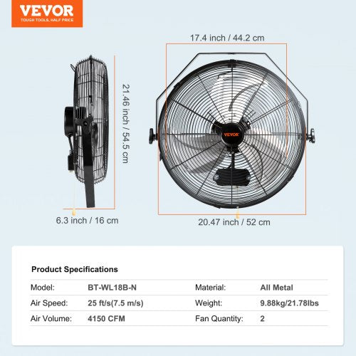 Wall Mount Fan 2 PCS 18 inch Manual 360Degree Tilt Adjustment 3speed