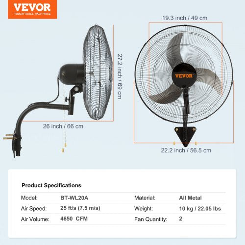 Wall Mount Fan 2 PCS 20 inch Oscillating 3speed High Velocity Max 4000