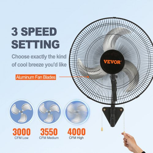 Wall Mount Fan 18 Inch 3speed High Velocity Max 4000 CFM Oscillating