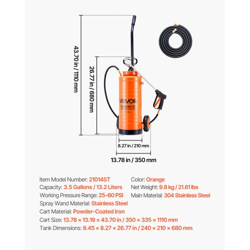 Industrial Concrete Sprayer With Wheeled Cart 3.5 Gallon Stainless Steel Heavy