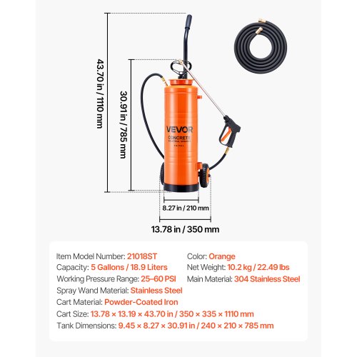 Industrial Concrete Sprayer With Wheeled Cart 5 Gallon Stainless Steel Heavy