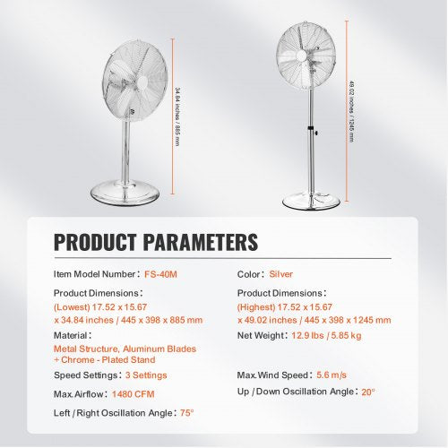 Industrial Pedestal Fan 16 Inch 75Degree Oscillating Fan Height
