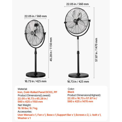 Industrial Pedestal Fan 18 Inch Standing Fan with 453 to 57.9 Inches