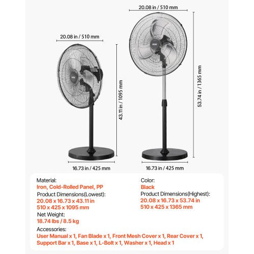 Industrial Pedestal Fan 18 Inch 90Degree Oscillating Fan Height