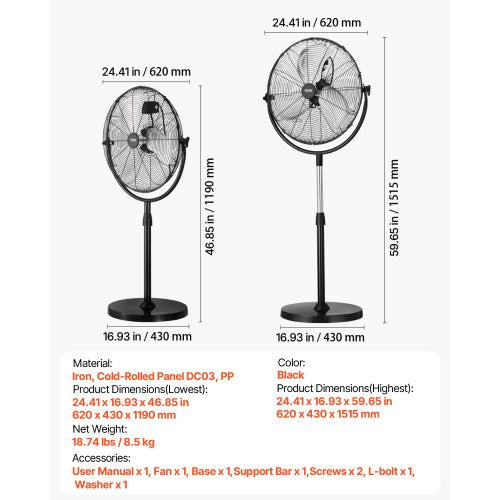 Industrial Pedestal Fan 20 Inch Standing Fan with 46.9 to 59.6 Inches