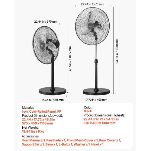 Industrial Pedestal Fan 20 Inch 90Degree Oscillating Fan Height