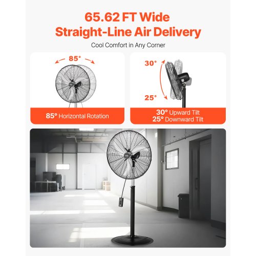 Industrial Pedestal Fan 24 Inch 85Degree Oscillating Fan Height