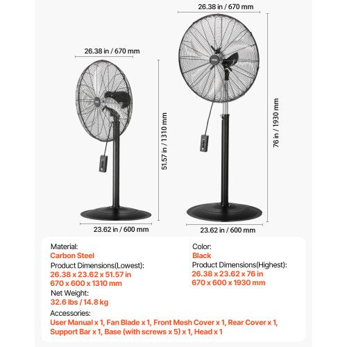 Industrial Pedestal Fan 24 Inch 85Degree Oscillating Fan Height